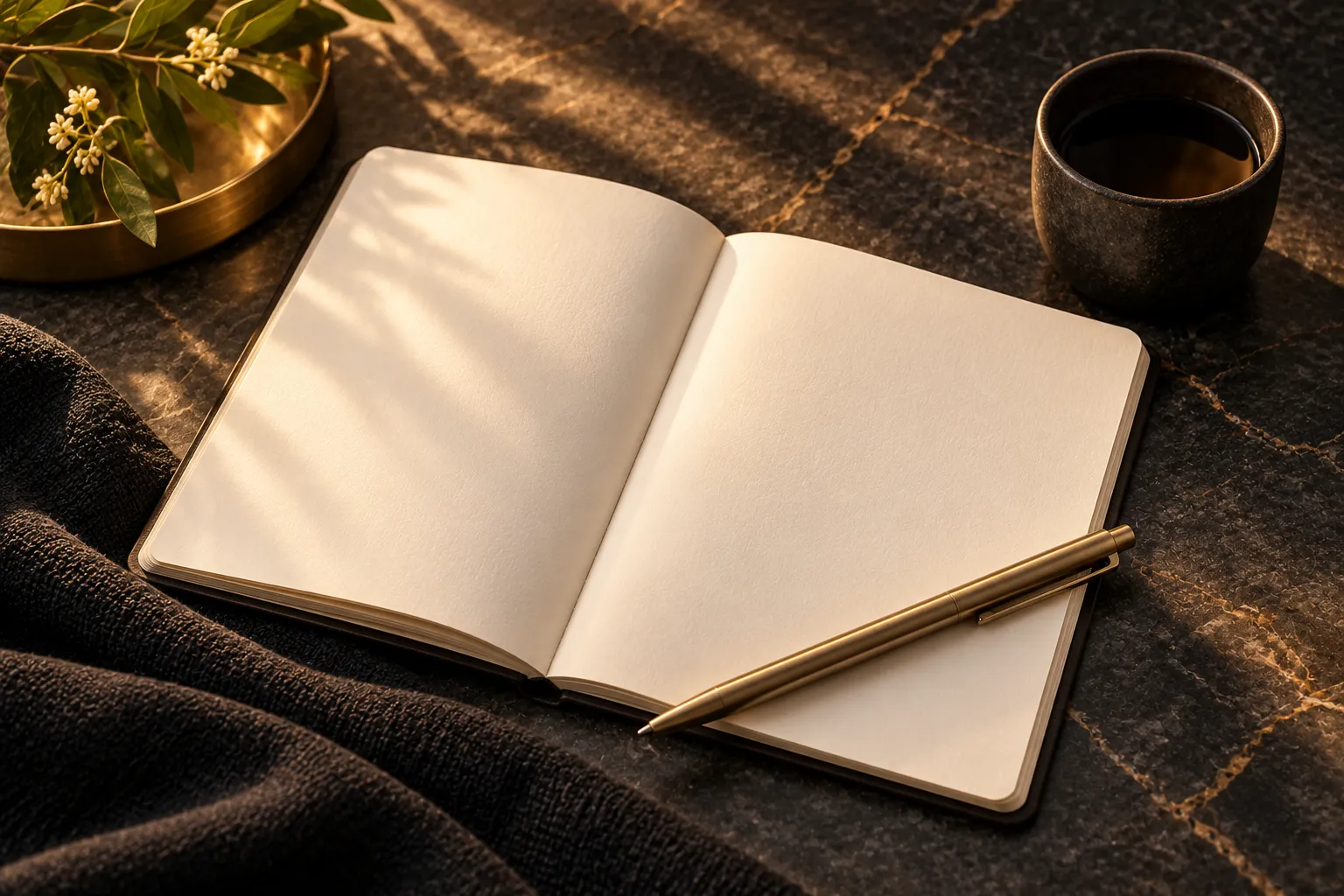 Open blank ivory consultation notebook and brushed-brass pen on charcoal stone