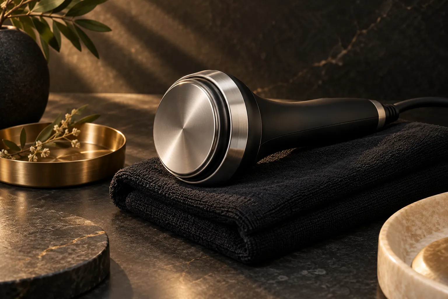 Unbranded body-treatment handpiece resting on black linen beside a brushed-brass accent