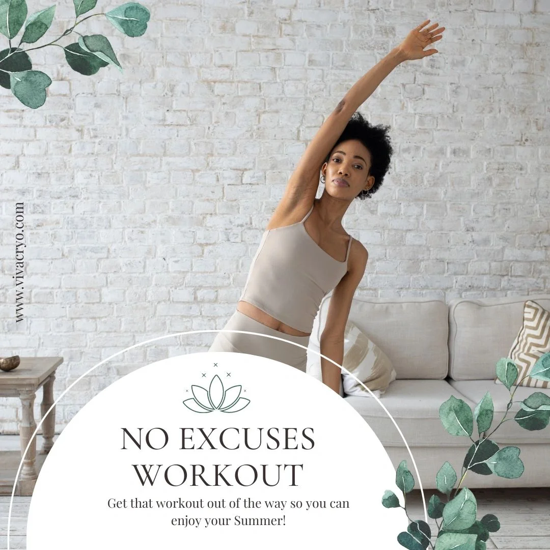 Woman stretching beside the original No excuses workout graphic
